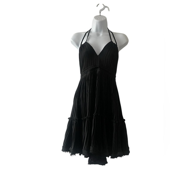 Black Halter Ruffle Mini Dress Small • Open Back • Fairycore Coachella Flowy Tie - Picture 6 of 14